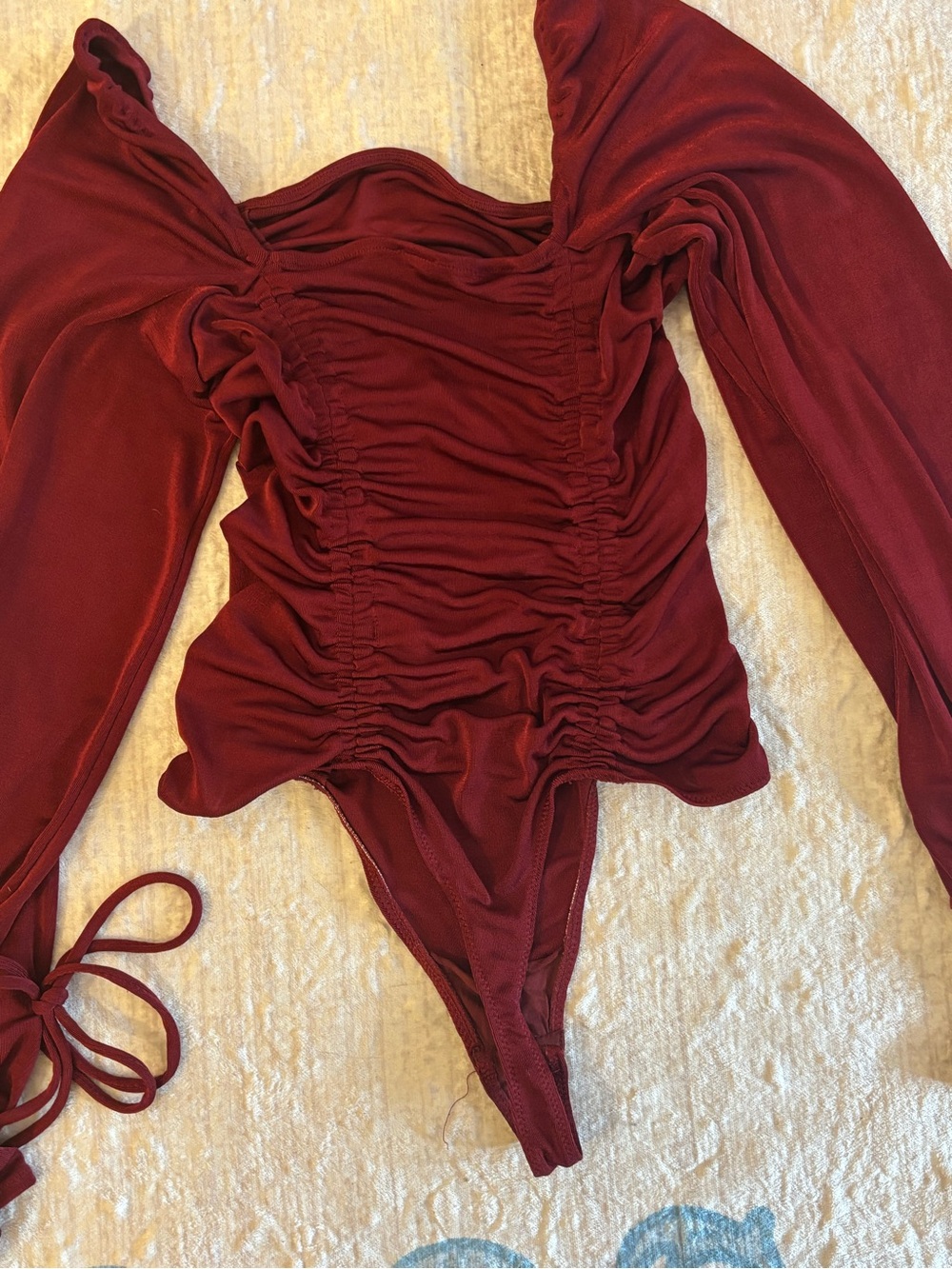 Free People Ribbed Tie-Sleeve Bodysuit in Deep Wine